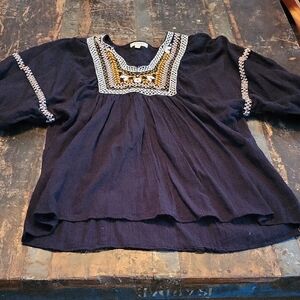 Max Studio  Black Blouse with Gold and Cream Embellishments